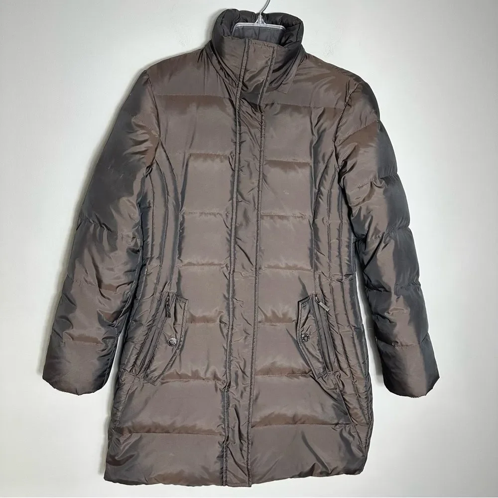 Anne Klein Womens Puffer Coat Size Small Brown Down Feather Fill Winter Jacket